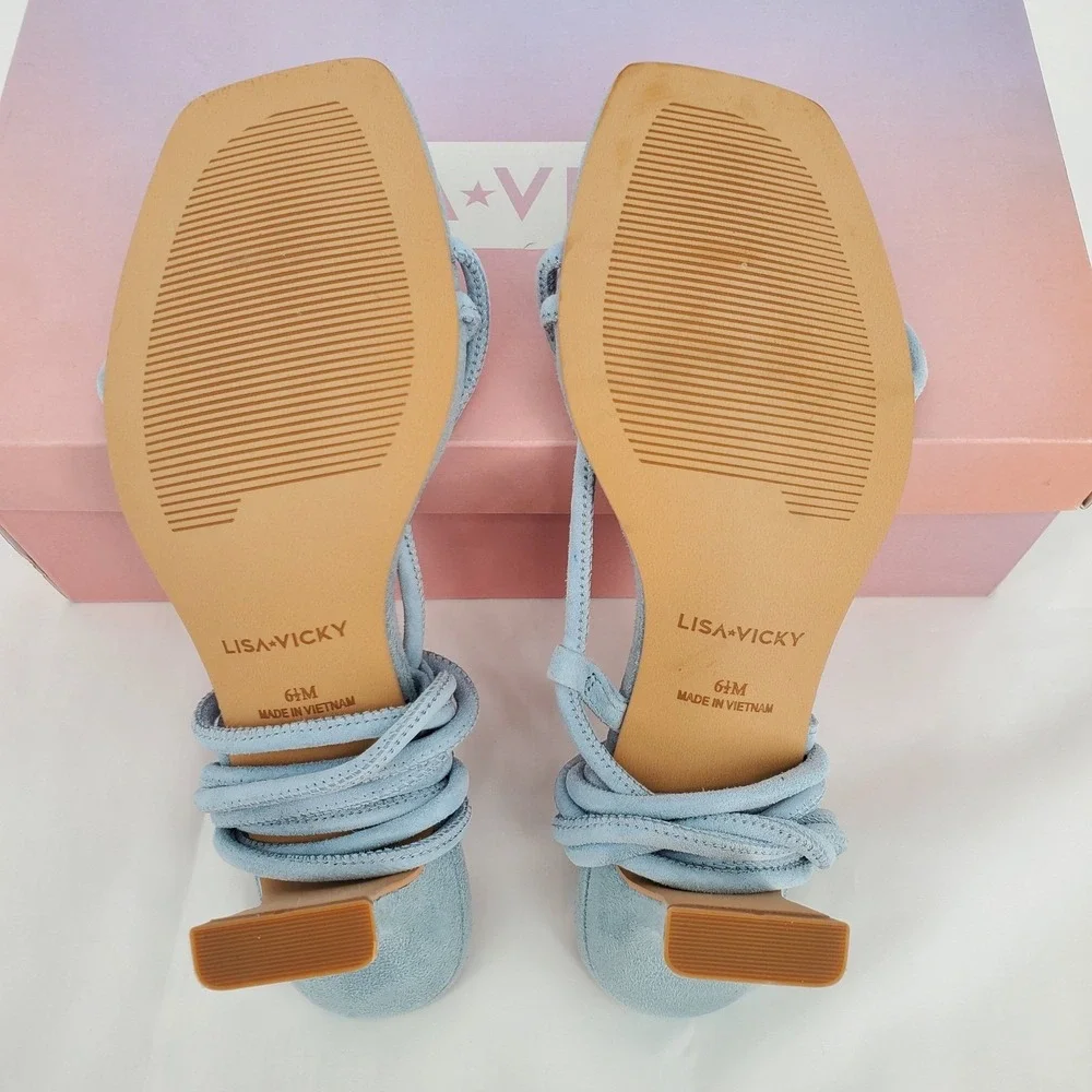 Lisa Vicky Womens 6.5M Zag Ankle Tie Sandal In Sky Blue Suede Heels Strappy New